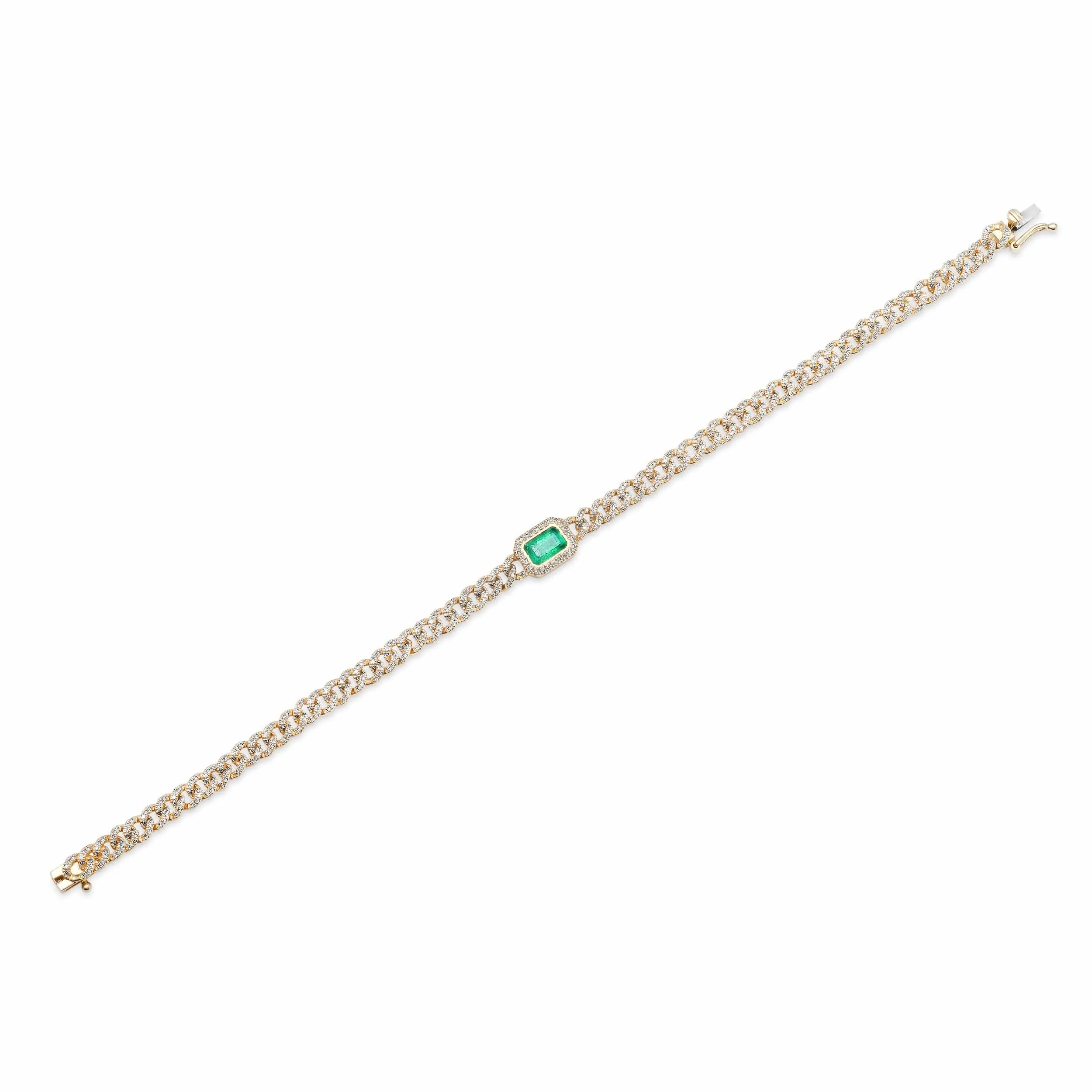 14K Gold Emerald and Pave-Diamond Cuban Link Chain Bracelet