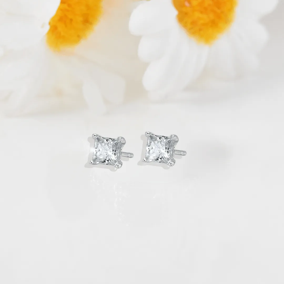 14k White Gold Lab Grown Diamond Square Solitaire Studs Earrings