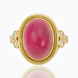 18K Classic Oval Ring with cabochon pink tourmaline and diamond granulation