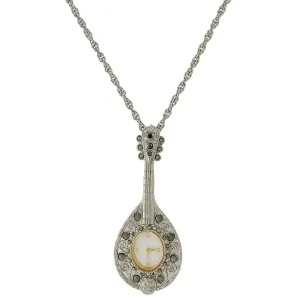 1928 Jewelry Mother Of Pearl Hematite Crystal Mandolin Watch Pendant Necklace 28"