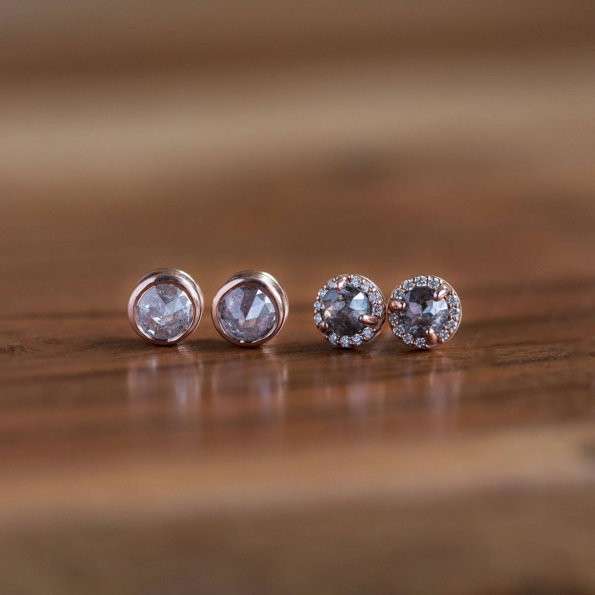 1ct Galaxy grey rosecut diamond earrings in rose gold bezel setting