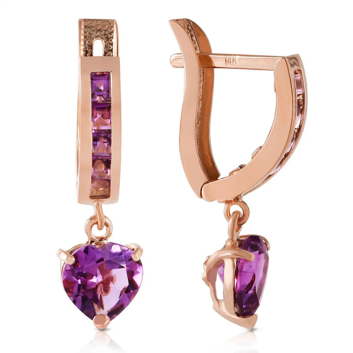 3.2 Carat 14K Solid Rose Gold V-shape Hoop Earrings Heart Amethyst