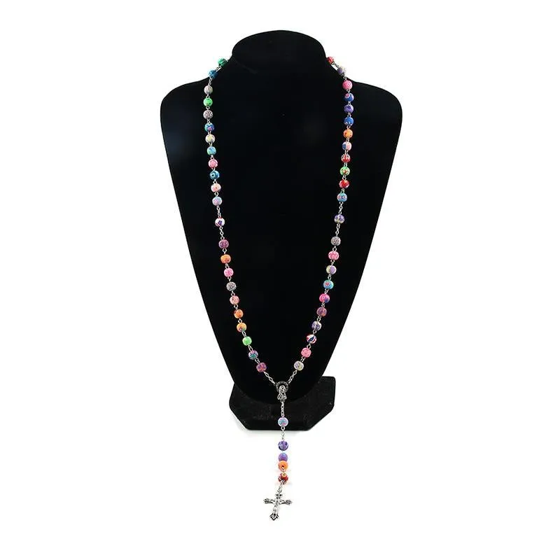 8mm Colorful Polymer Clay Bead Rosary Alloy Cross Virgin Mary Centrepieces Christian Catholic Religious Pendant Necklace