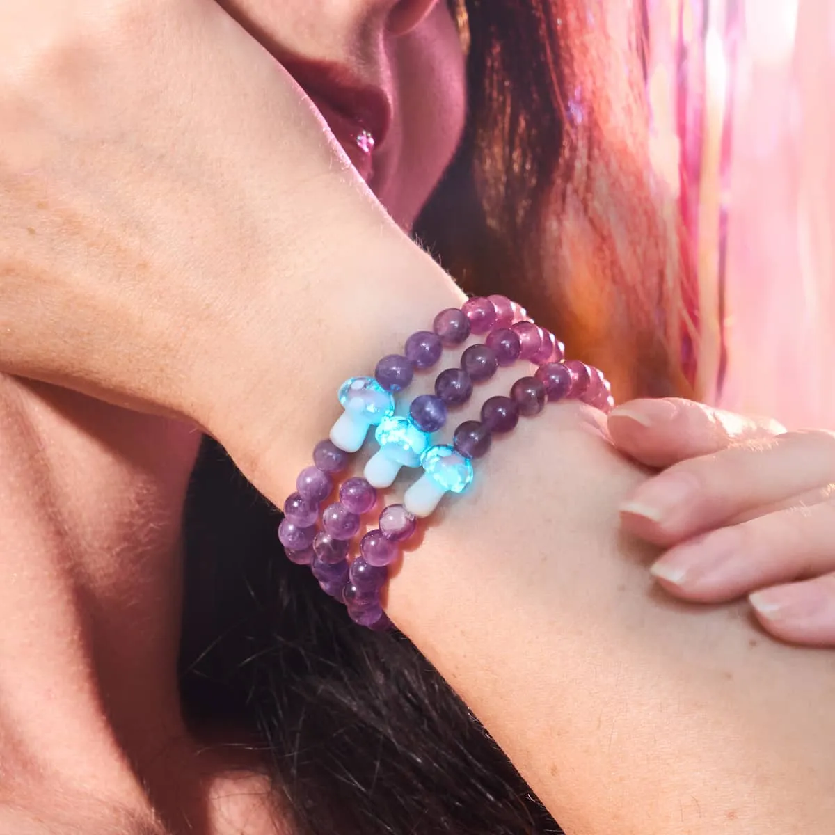 Amethyst | .925 Sterling Silver | Firefly Glass Mushroom Gemstone Bracelet