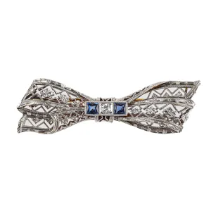 Antique 14K White & Yellow Diamond Sapphire Bow Brooch