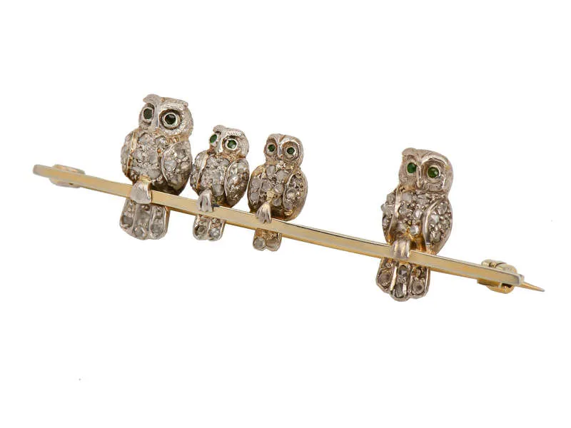 Antique Diamond Owl Family Brooch