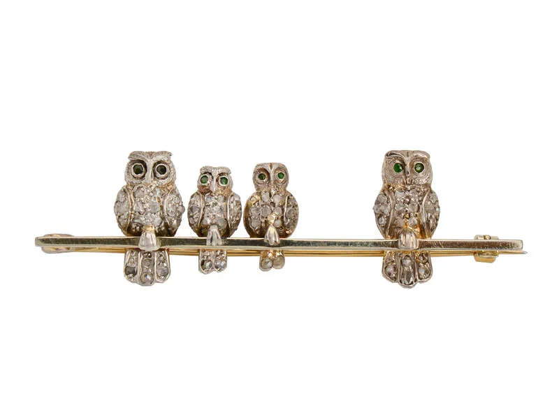 Antique Diamond Owl Family Brooch