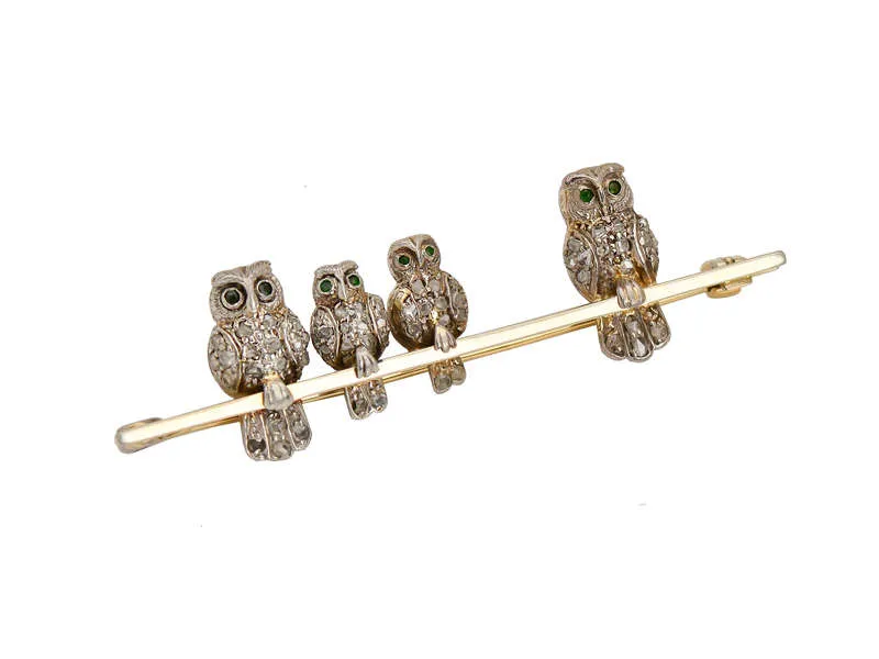 Antique Diamond Owl Family Brooch