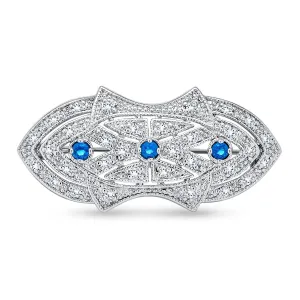 Art Deco Brooche Pin with Blue CZ Simulated Sapphire on Silver Plated Brass