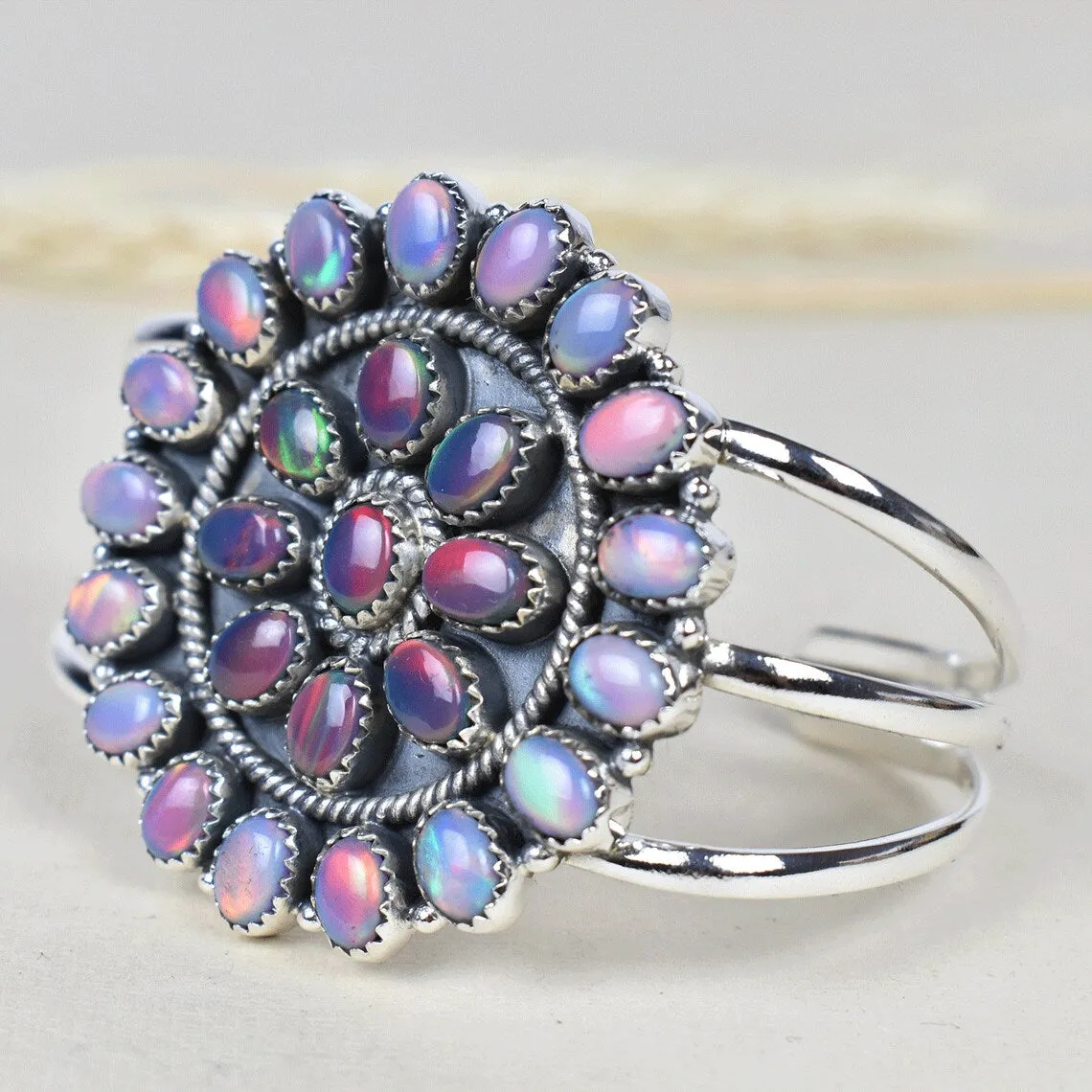 Aurora Opal Cuff Adjustable Cuff Cluster Bracelets - 925 Sterling Silver Southwestern Style Bracelet