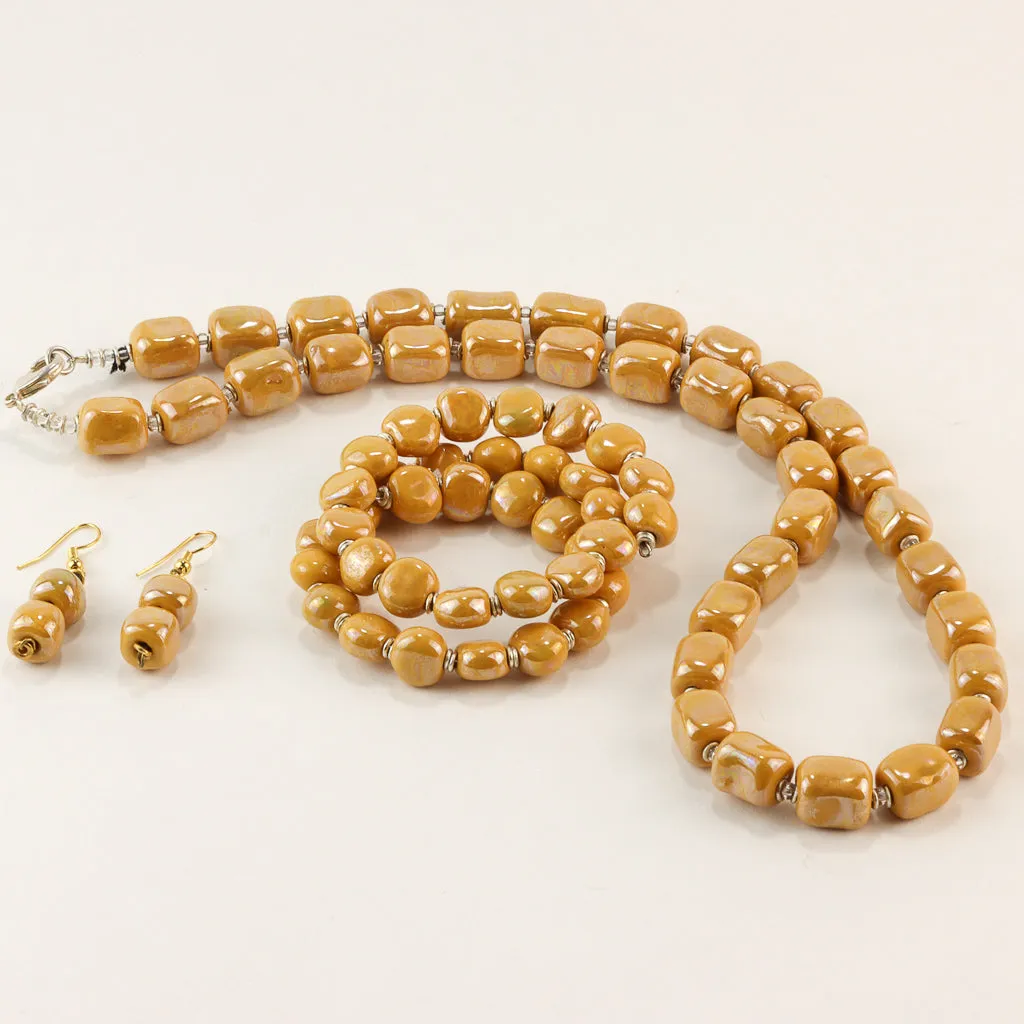 Authentic Kazuri Mustard Bead Set: Earrings, Necklace & Bracelet