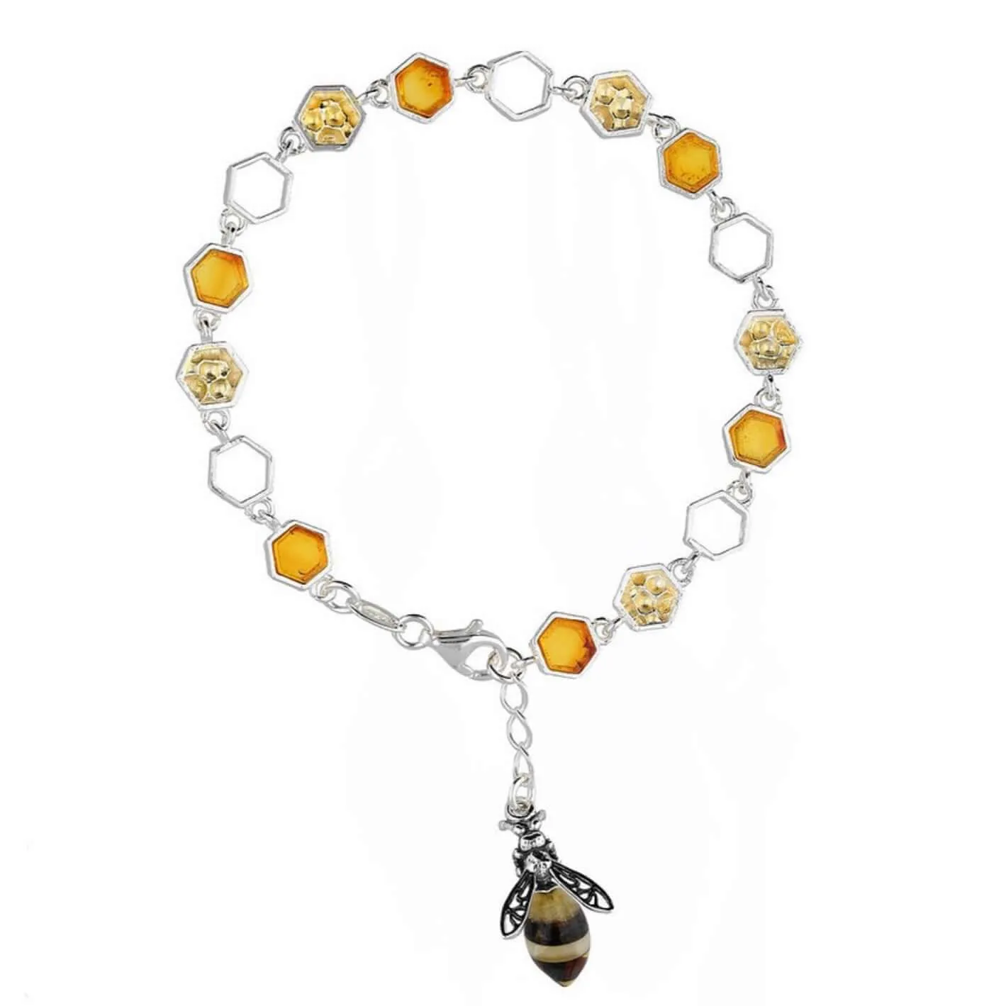 Baltic Amber Honeycomb & Bee Sterling Silver Charm Bracelet