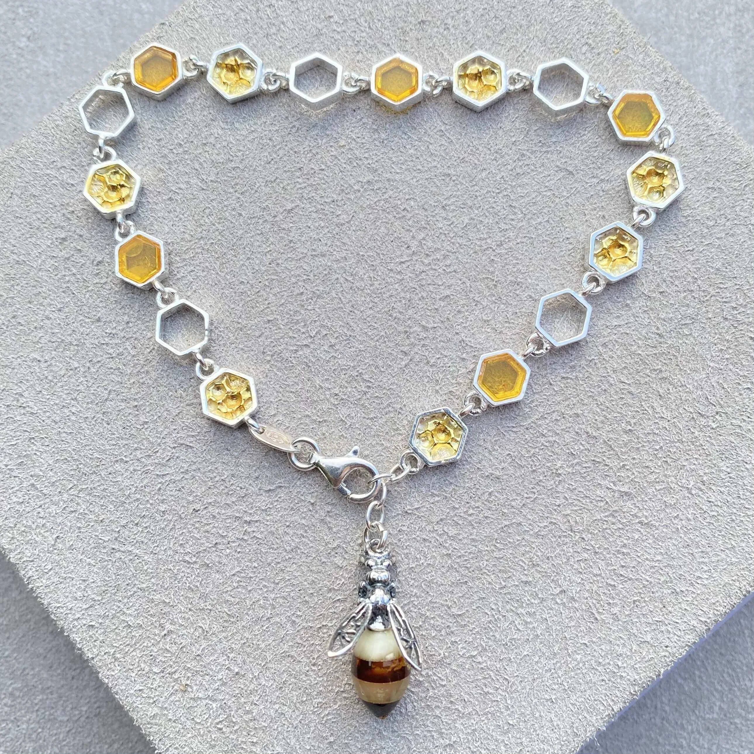 Baltic Amber Honeycomb & Bee Sterling Silver Charm Bracelet