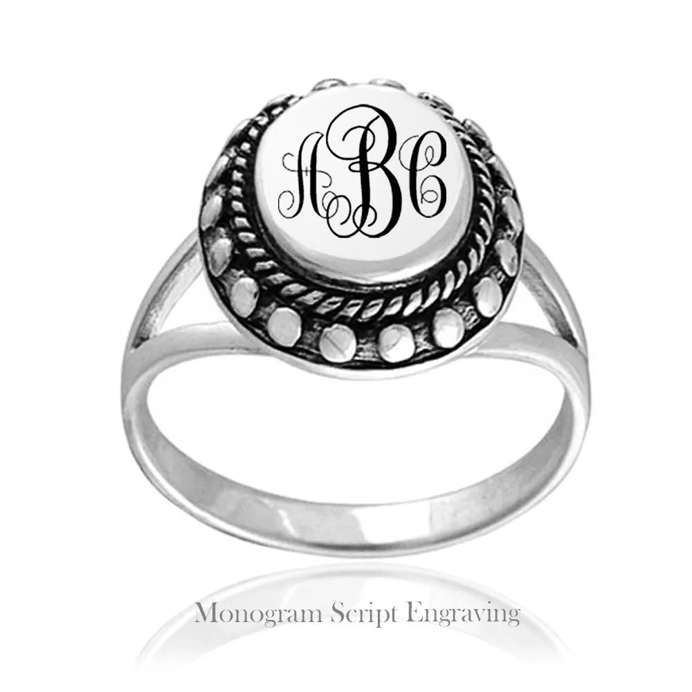 Beaded Halo Monogram Silver Ring with Oval Signet and Split Shank Band