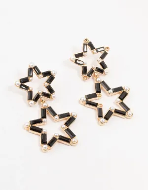 Black Gold Double Star Pearl Drop Earrings