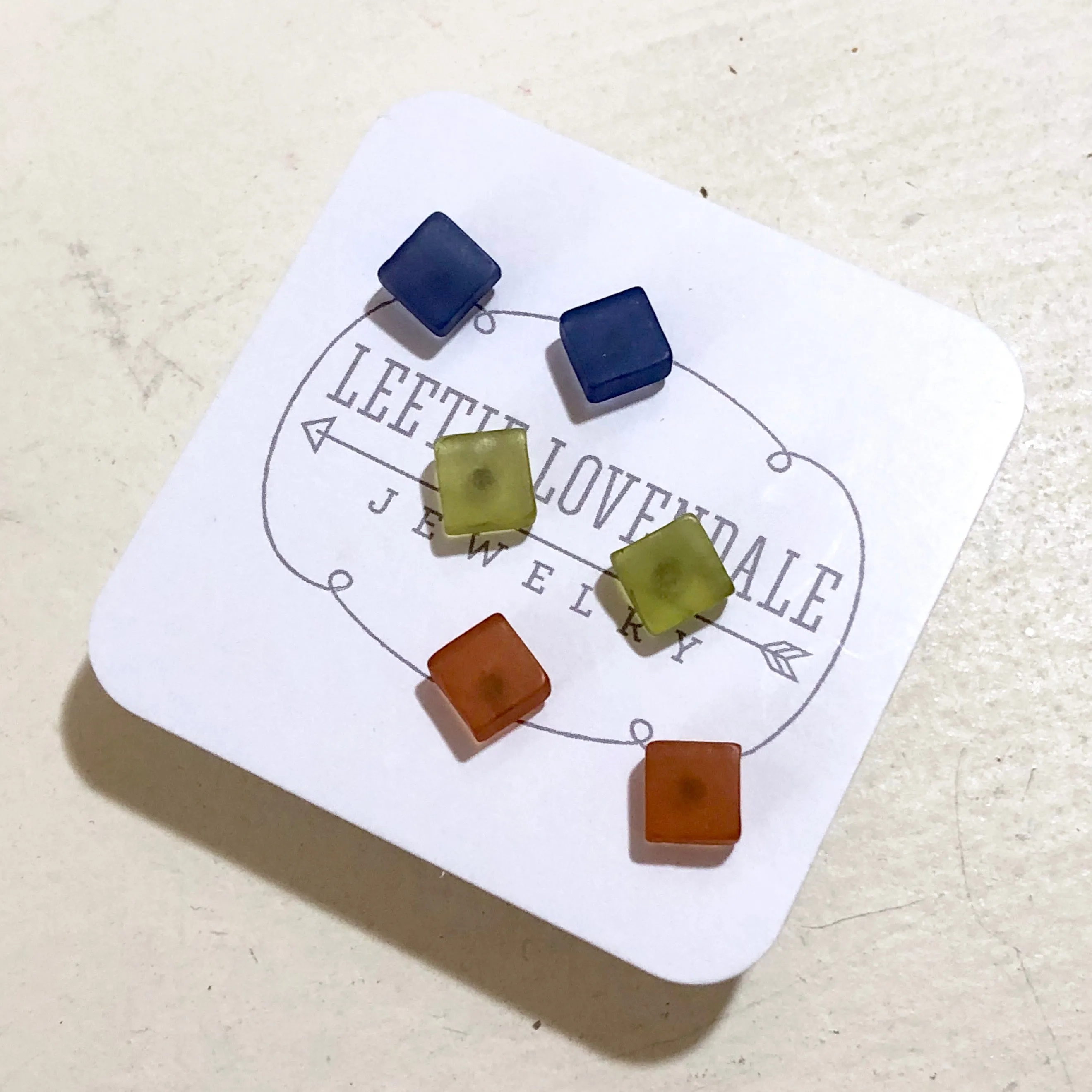 Blue Green & Brown Frosted Minimalist Mod Square Stud Earrings Set