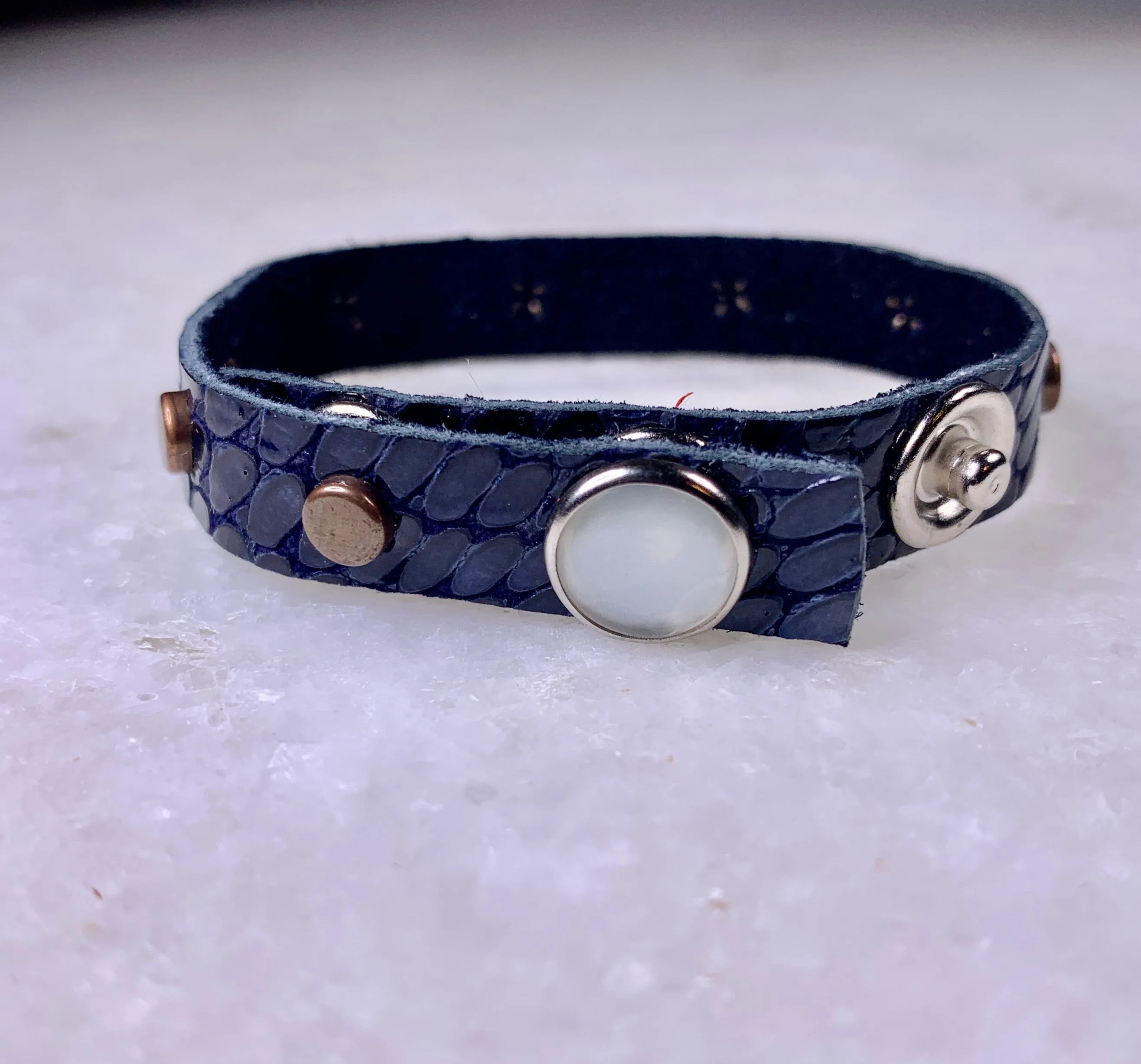 Blue Leather Bracelet w/Copper Studs