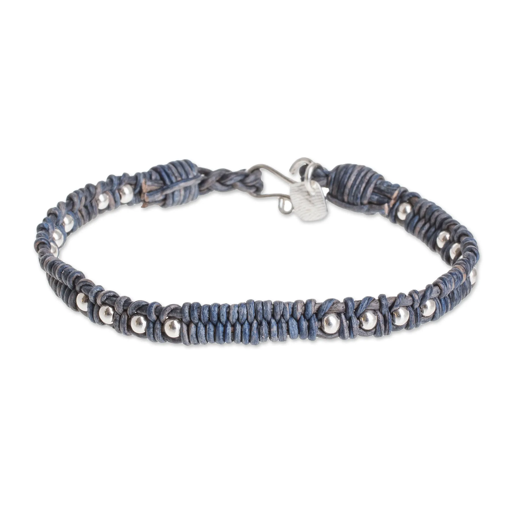 Brilliant Orbs Silver and Leather Beaded Wristband Bracelet in Blue