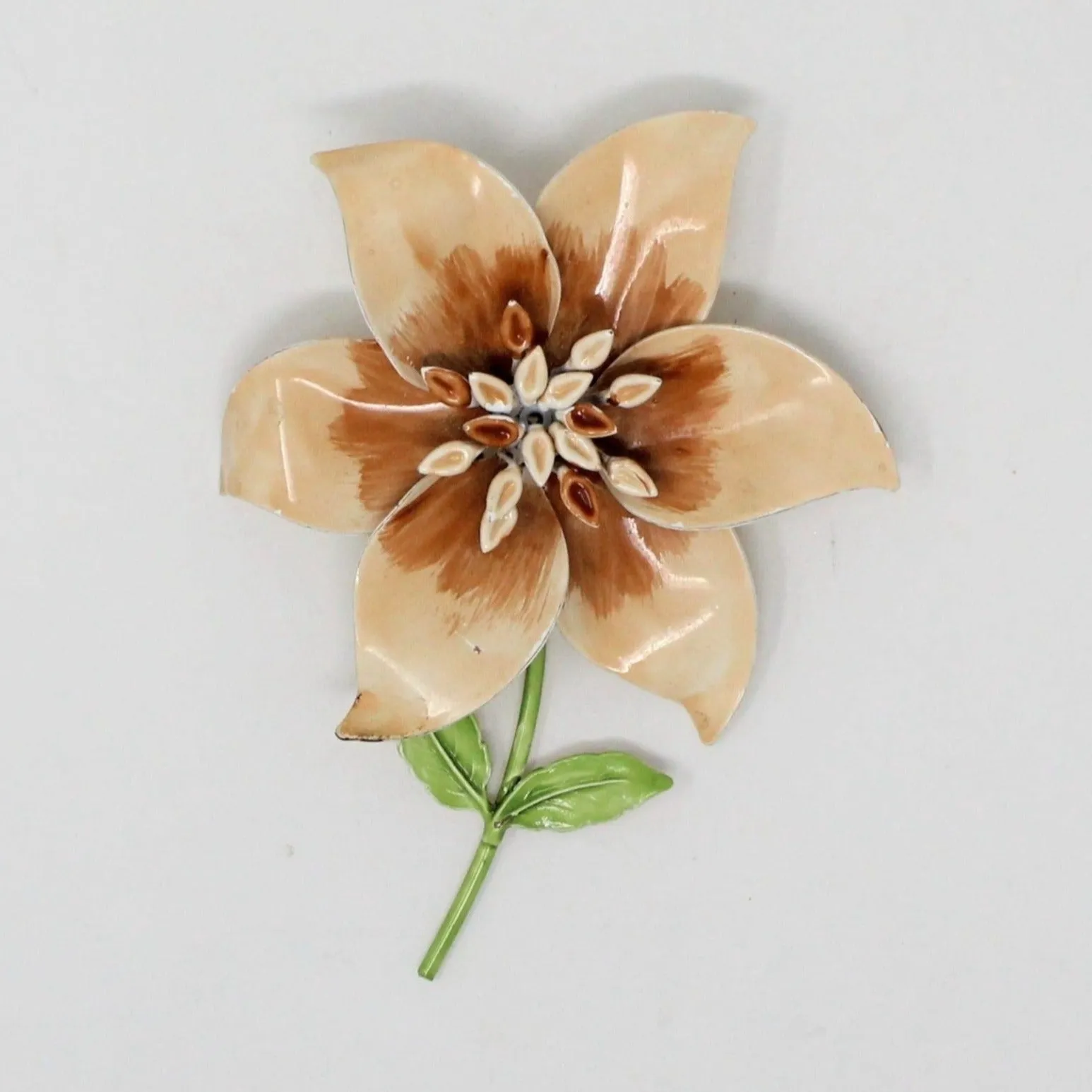 Brooch / Pin, Enamel Flower with Stem, Beige & Brown, Vintage