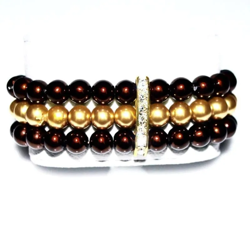 Brown And Gold Multi Strand Glass Pearl Bracelets