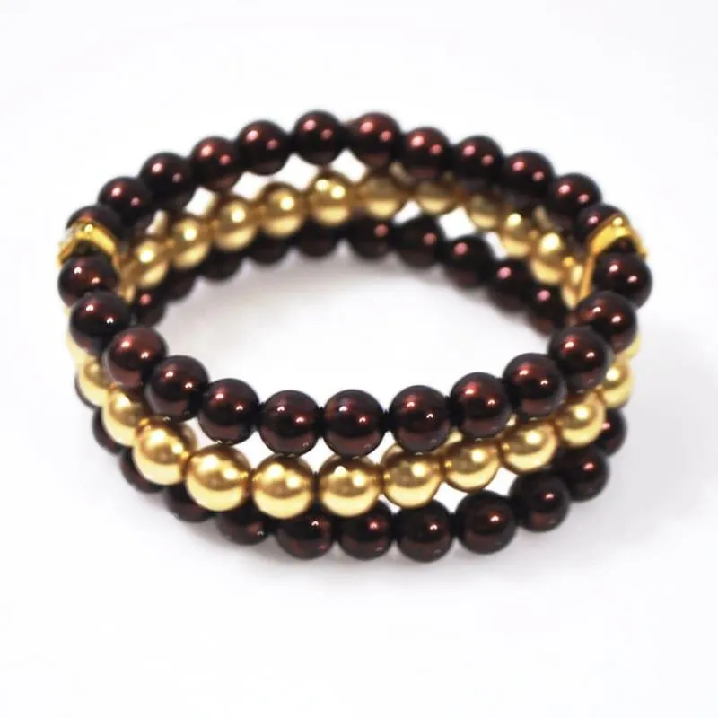 Brown And Gold Multi Strand Glass Pearl Bracelets