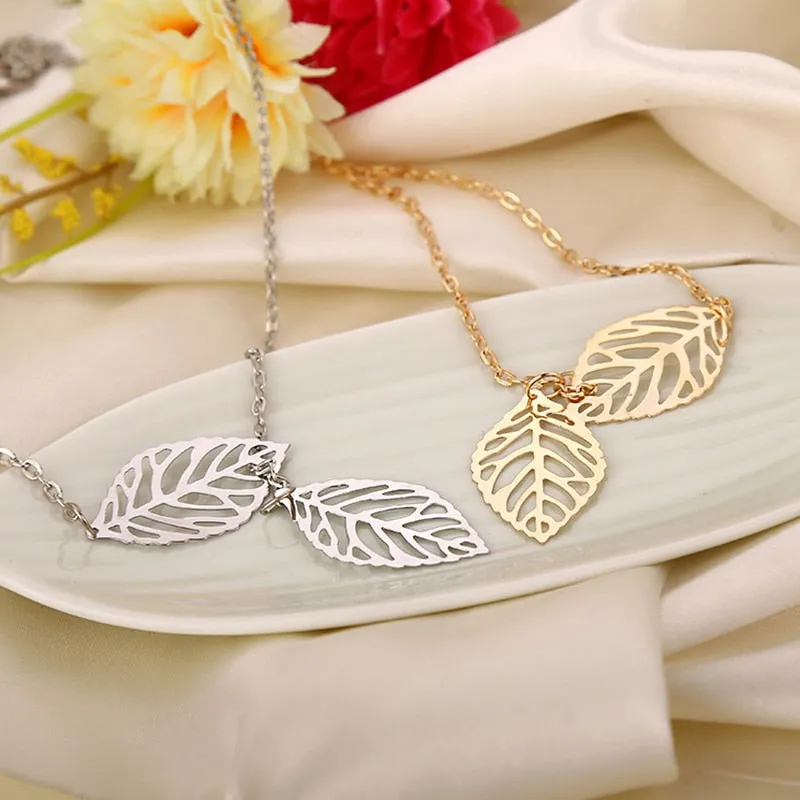 Creative Simple Double Gold Leaf Pendant Necklace Women's Trend Punk Tassel Chain