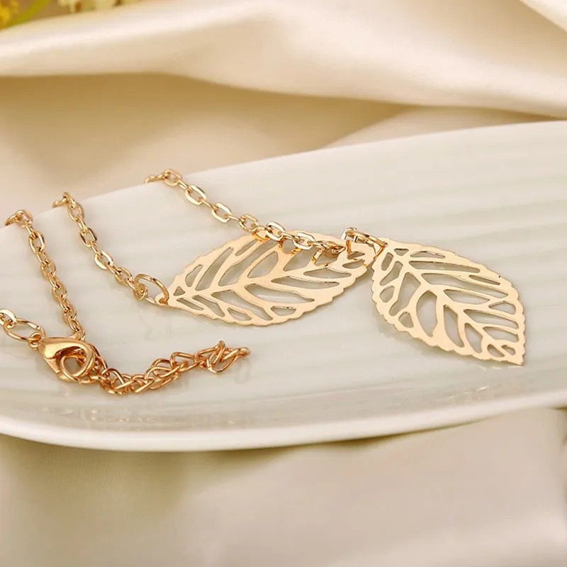 Creative Simple Double Gold Leaf Pendant Necklace Women's Trend Punk Tassel Chain