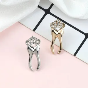 Dentist Tooth Brooches for Women Dress Lapel Pins with Crystal Crown Silver Color Teeth Dentist Jewelry Button Badges Gifts