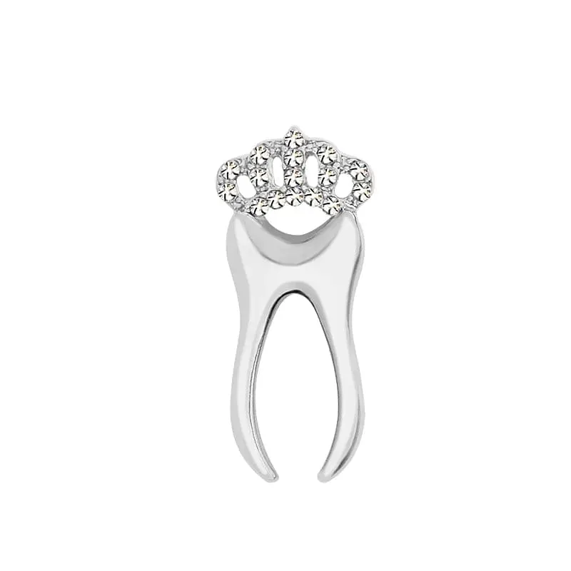 Dentist Tooth Brooches for Women Dress Lapel Pins with Crystal Crown Silver Color Teeth Dentist Jewelry Button Badges Gifts