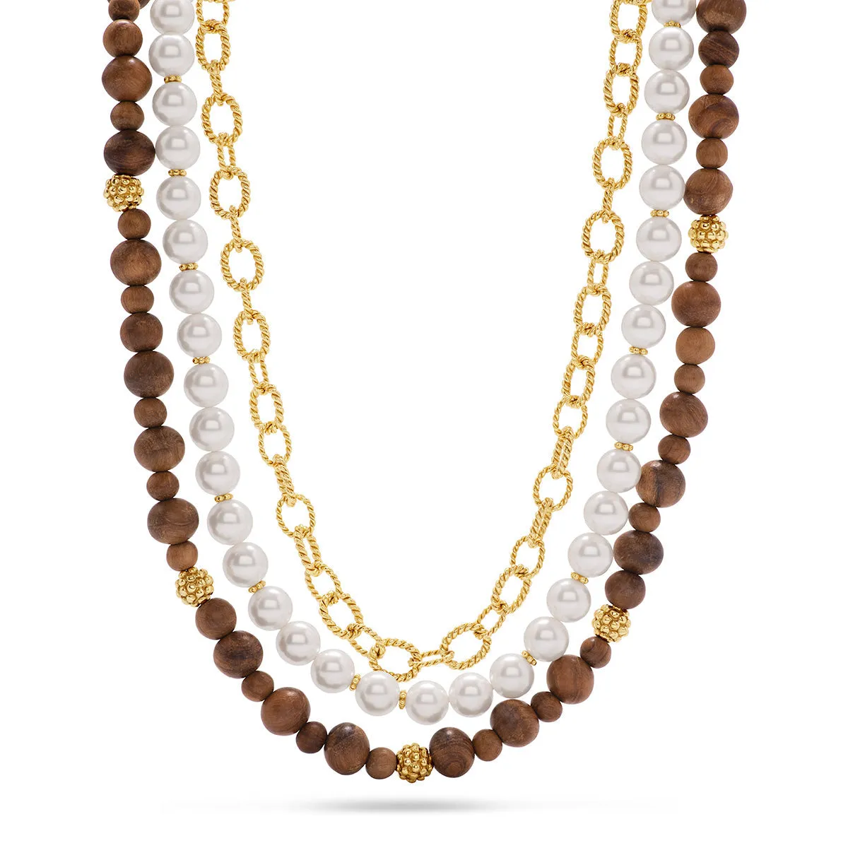 Earth Goddess Necklace, 18" 2" - Teak/Pearls