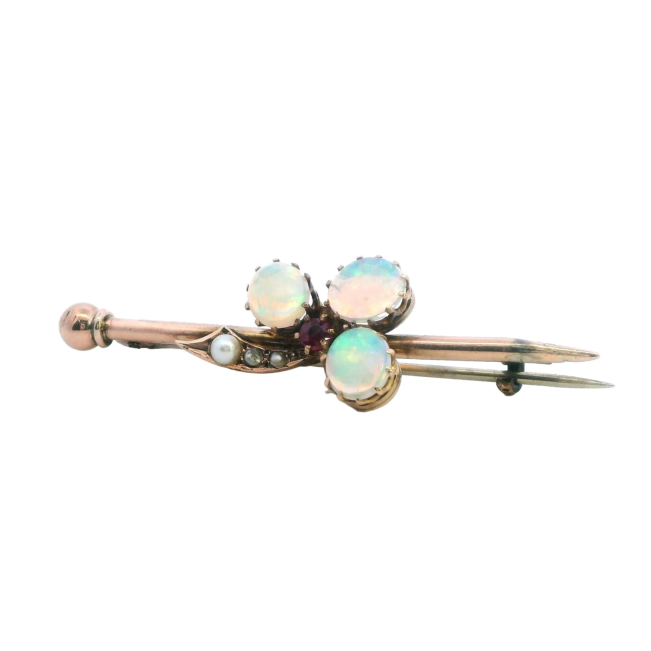 Elegant Yellow Gold Opal and Pearl Bar Brooch