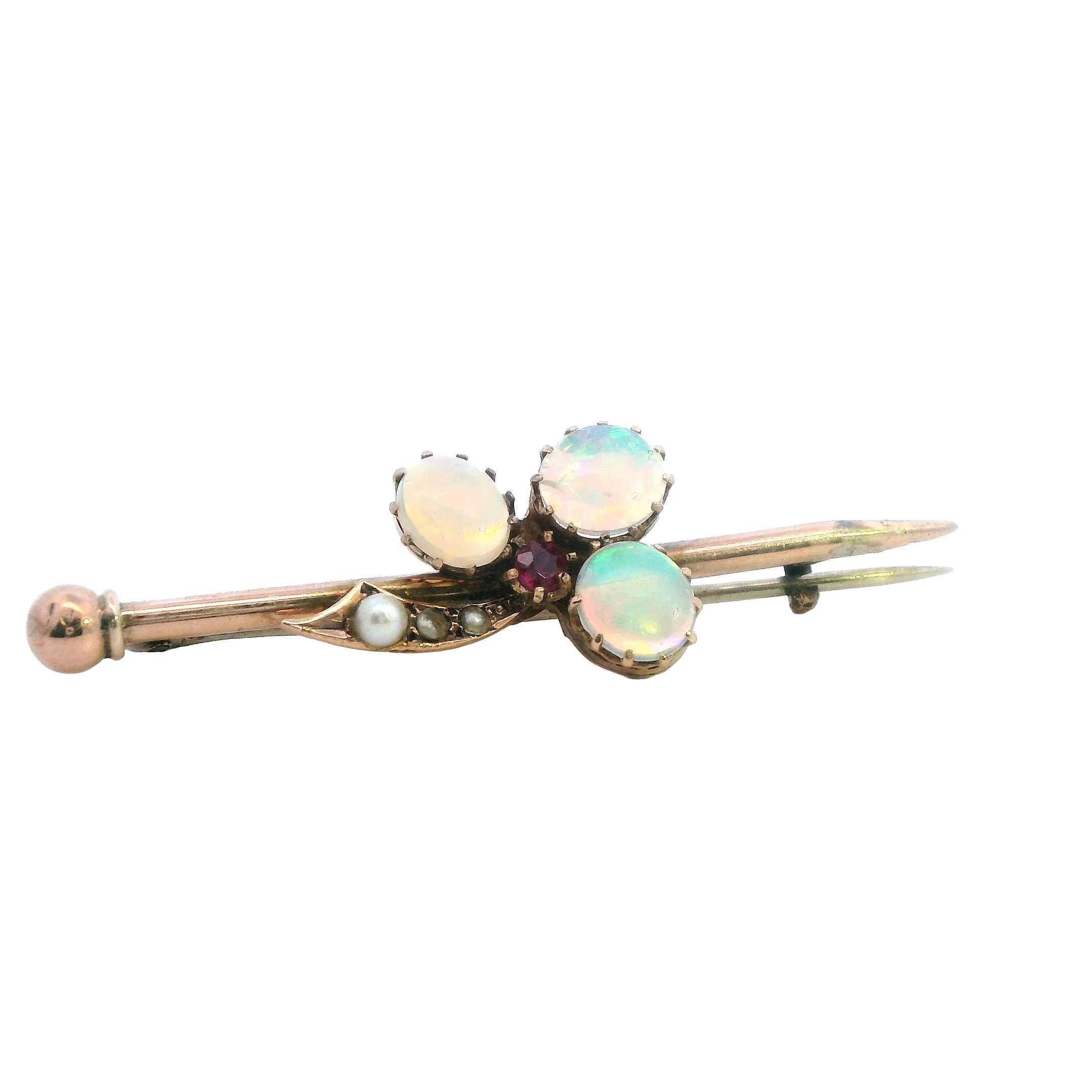 Elegant Yellow Gold Opal and Pearl Bar Brooch