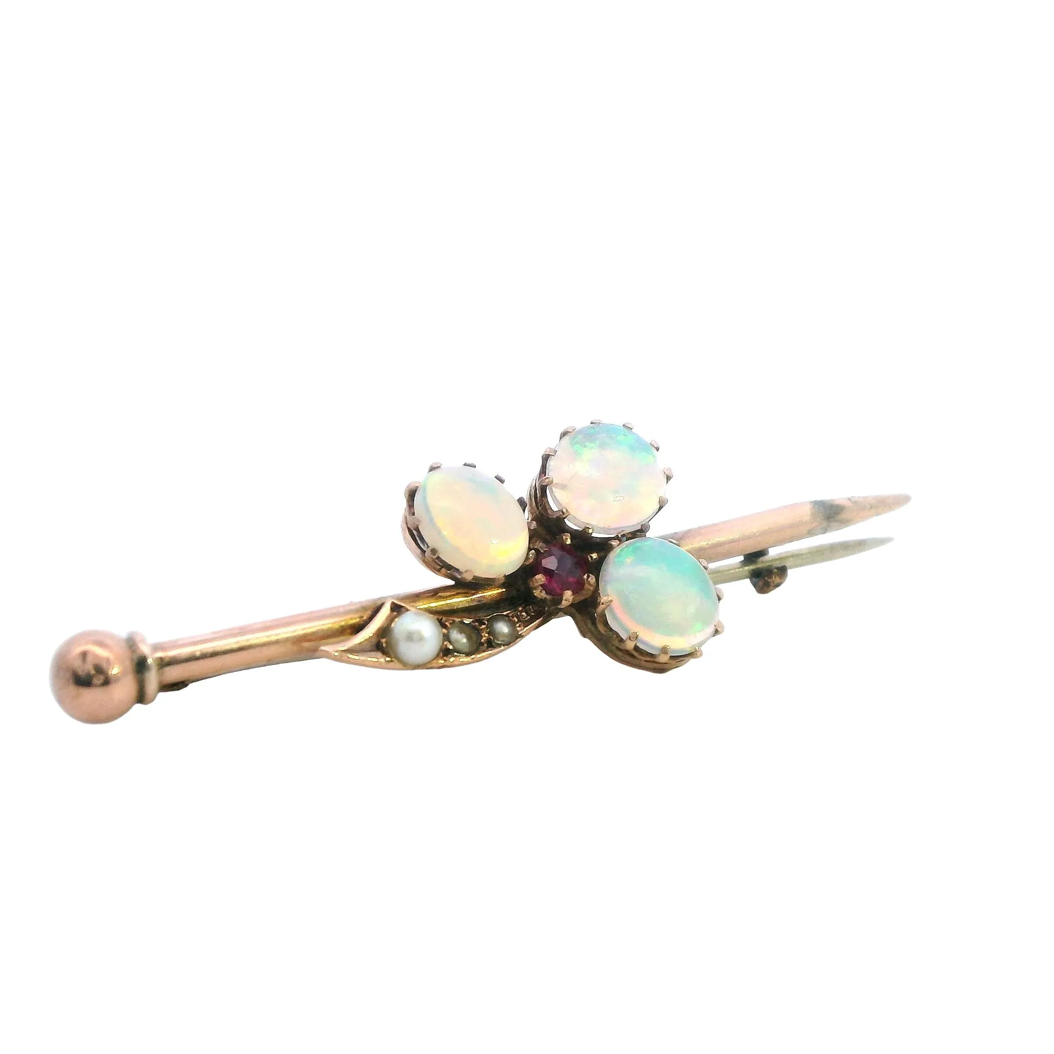 Elegant Yellow Gold Opal and Pearl Bar Brooch