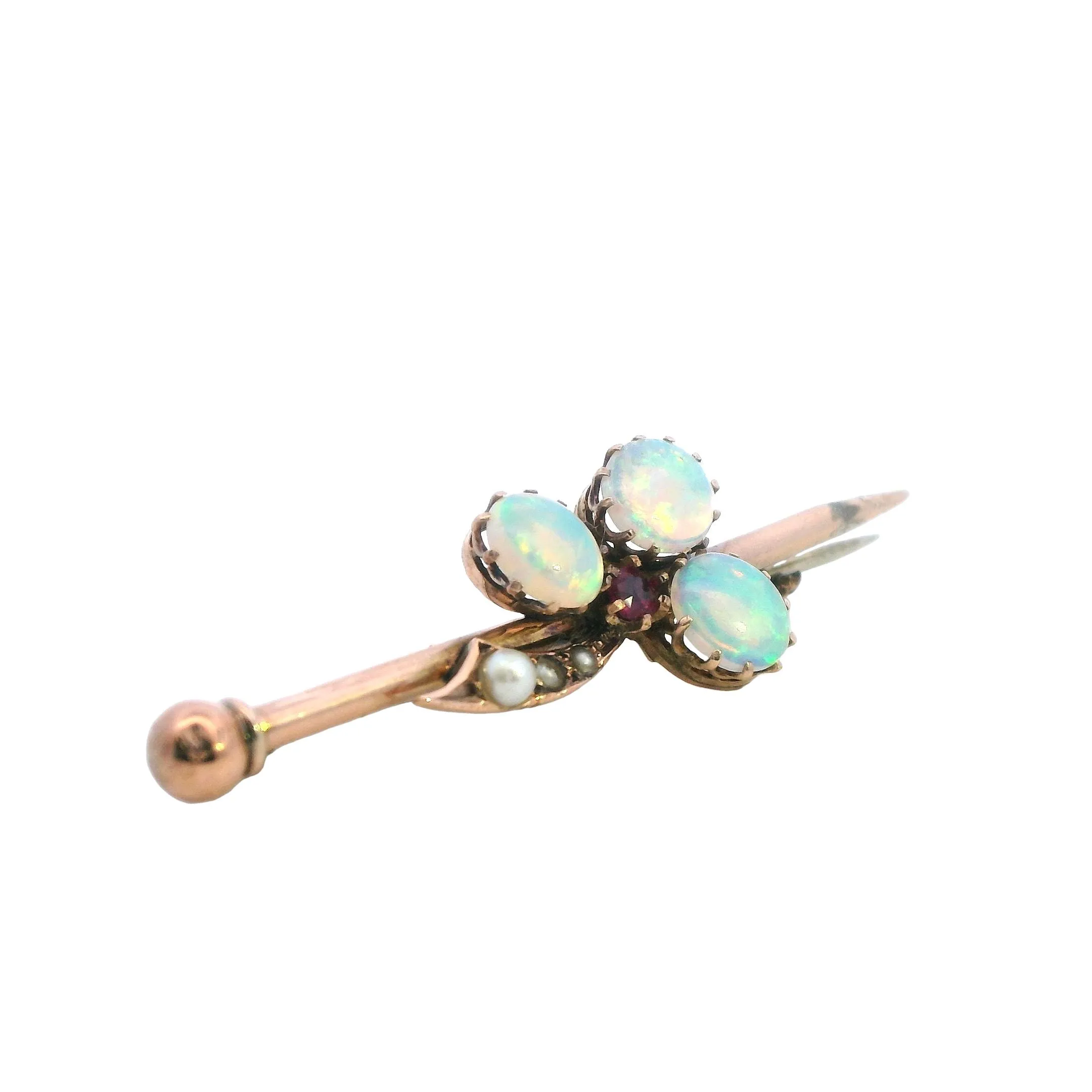 Elegant Yellow Gold Opal and Pearl Bar Brooch