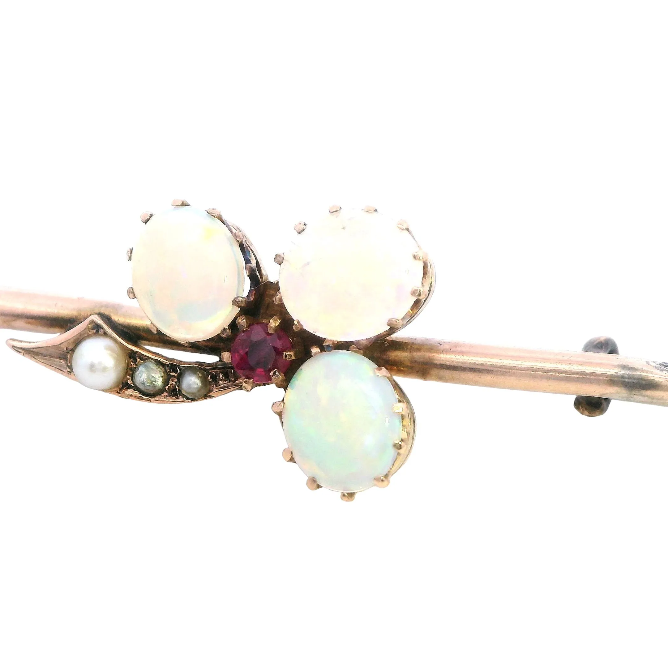 Elegant Yellow Gold Opal and Pearl Bar Brooch