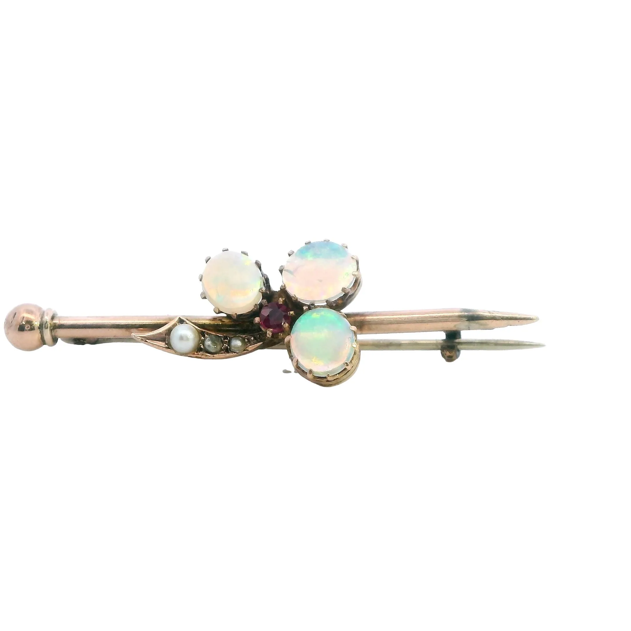 Elegant Yellow Gold Opal and Pearl Bar Brooch