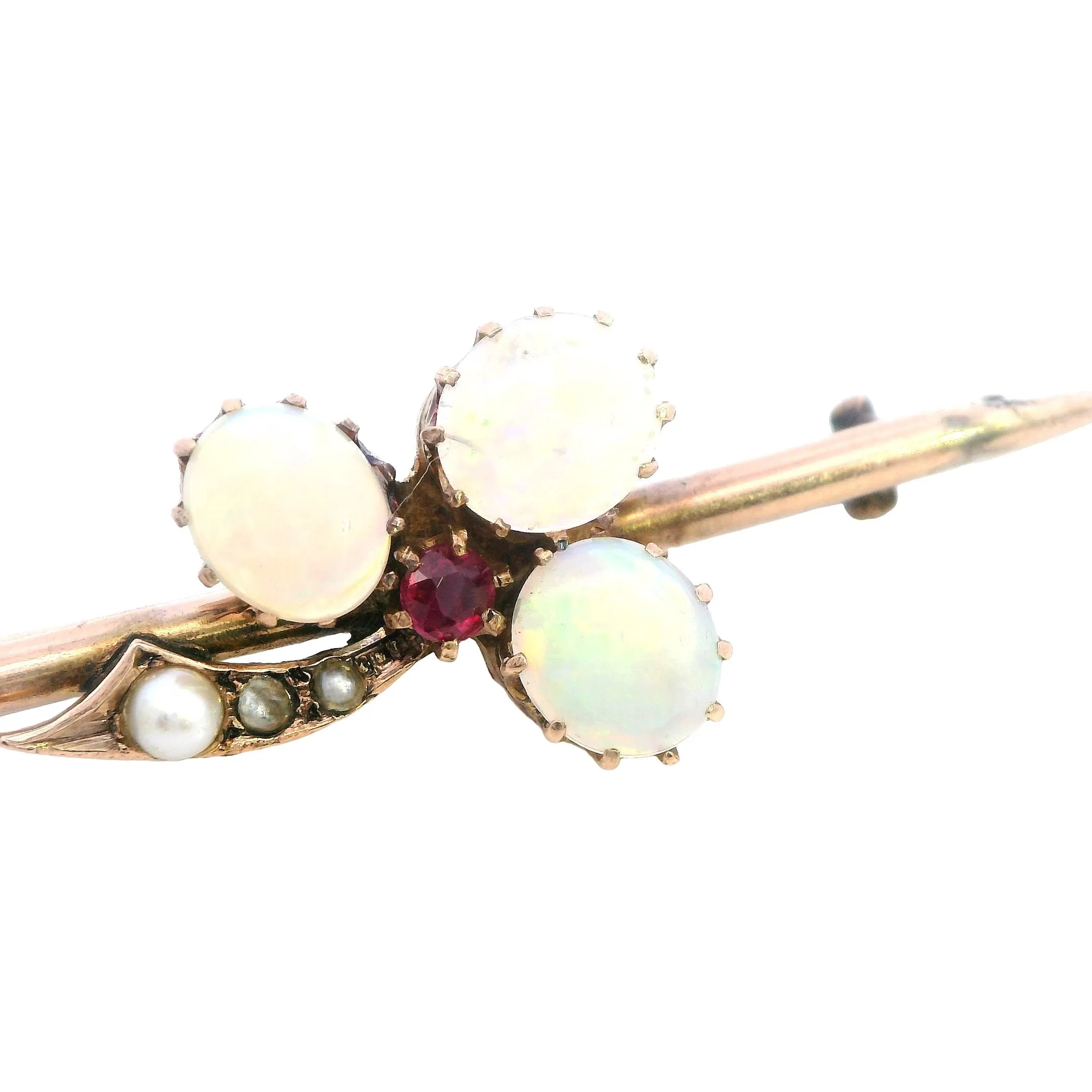 Elegant Yellow Gold Opal and Pearl Bar Brooch