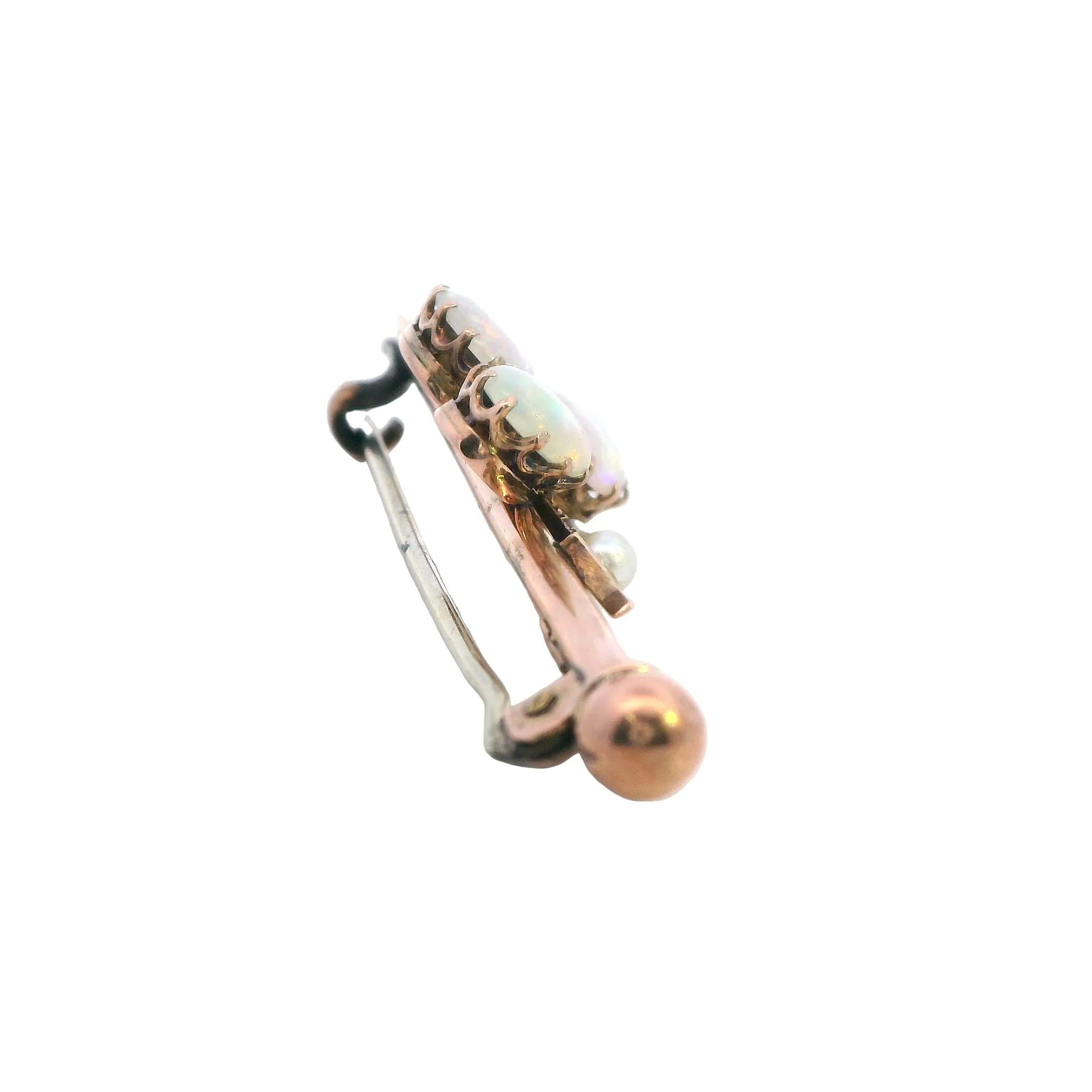 Elegant Yellow Gold Opal and Pearl Bar Brooch