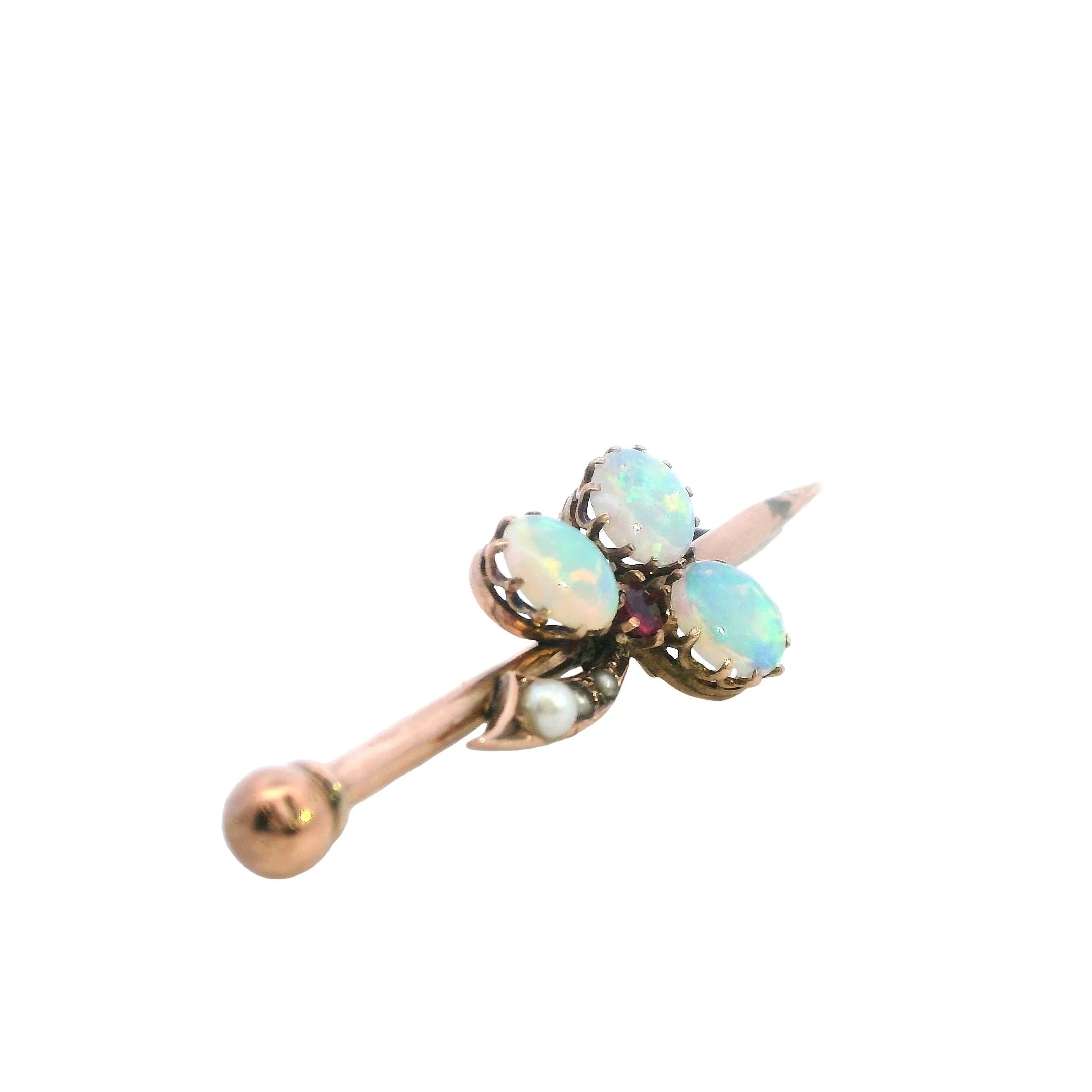 Elegant Yellow Gold Opal and Pearl Bar Brooch