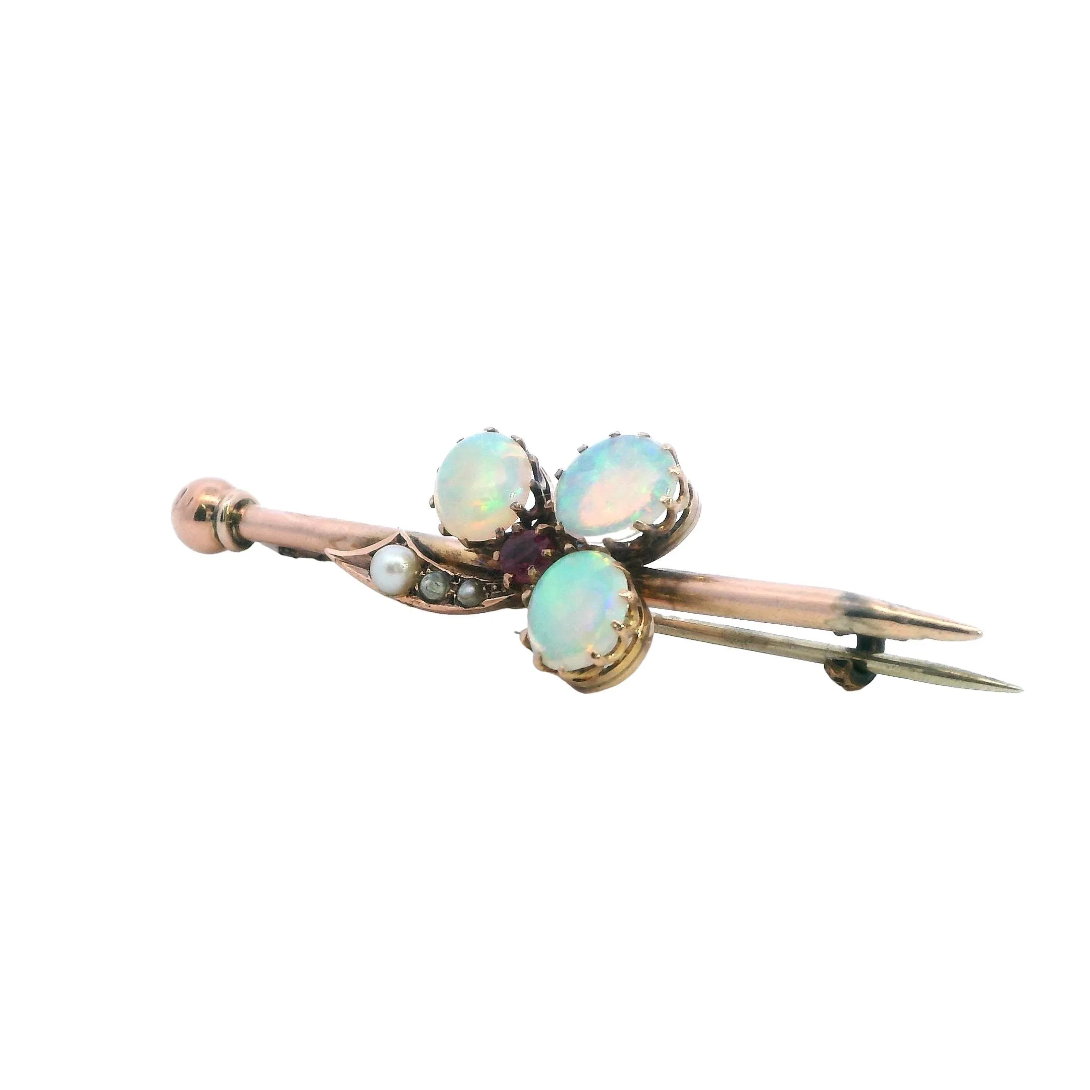 Elegant Yellow Gold Opal and Pearl Bar Brooch