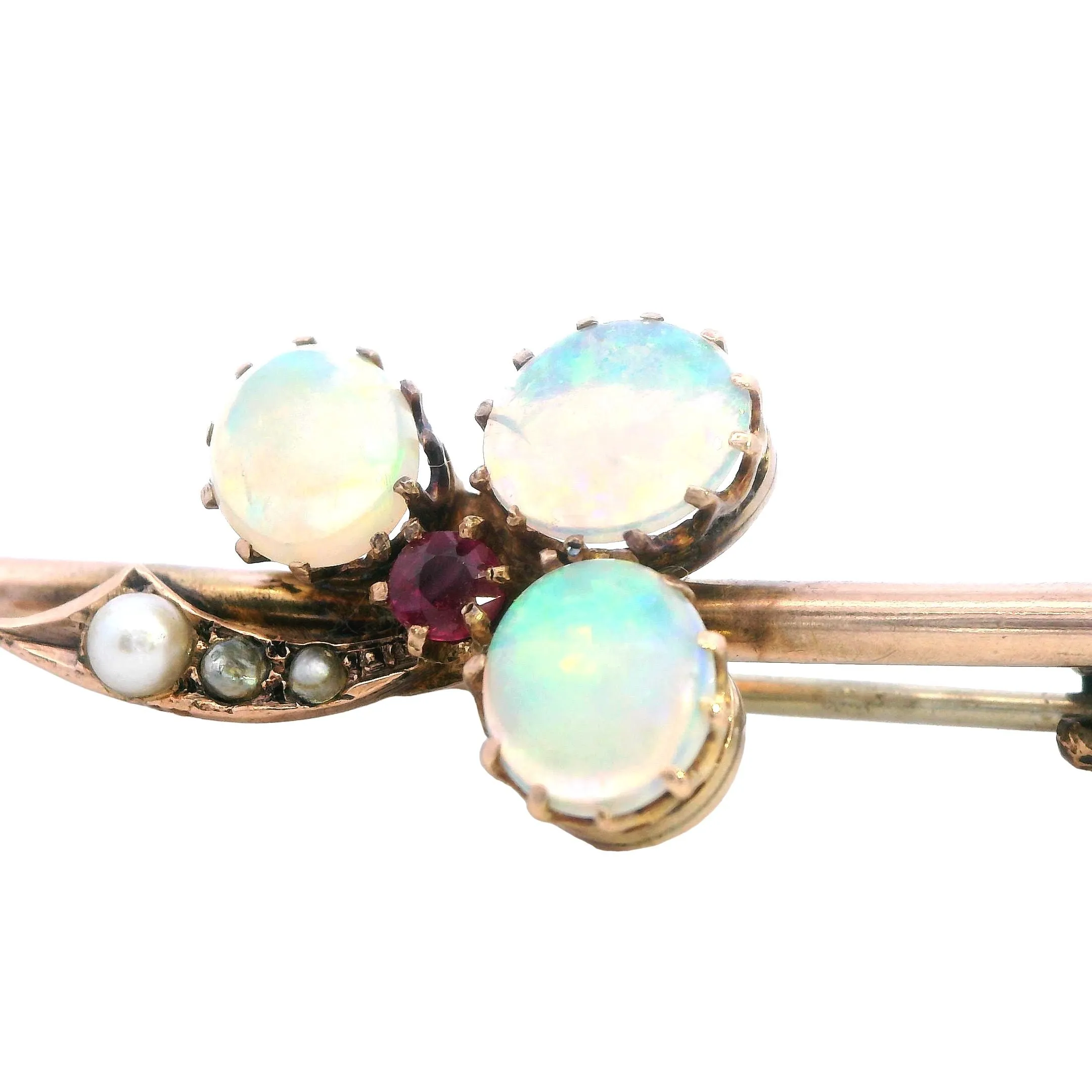 Elegant Yellow Gold Opal and Pearl Bar Brooch