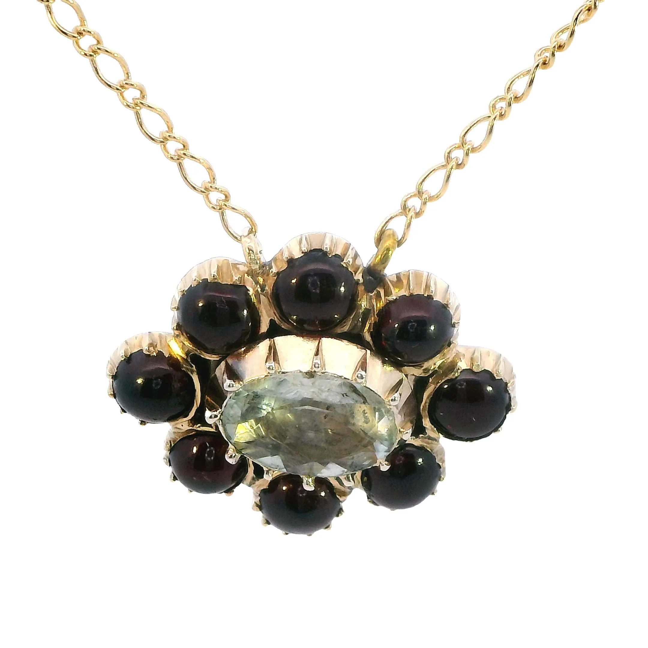 Enchanting 9ct Yellow Gold Aquamarine & Garnet Pendant with Chain