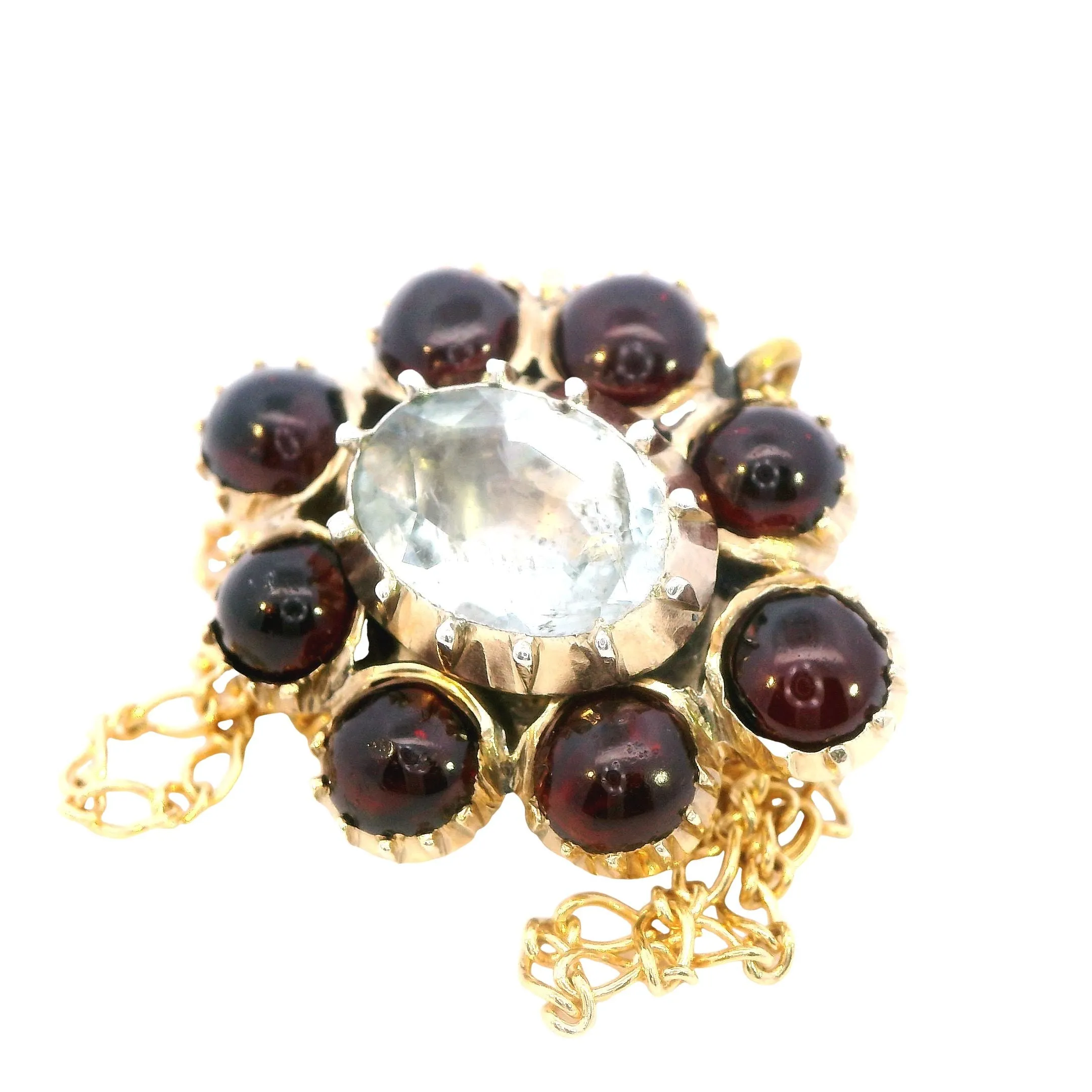 Enchanting 9ct Yellow Gold Aquamarine & Garnet Pendant with Chain