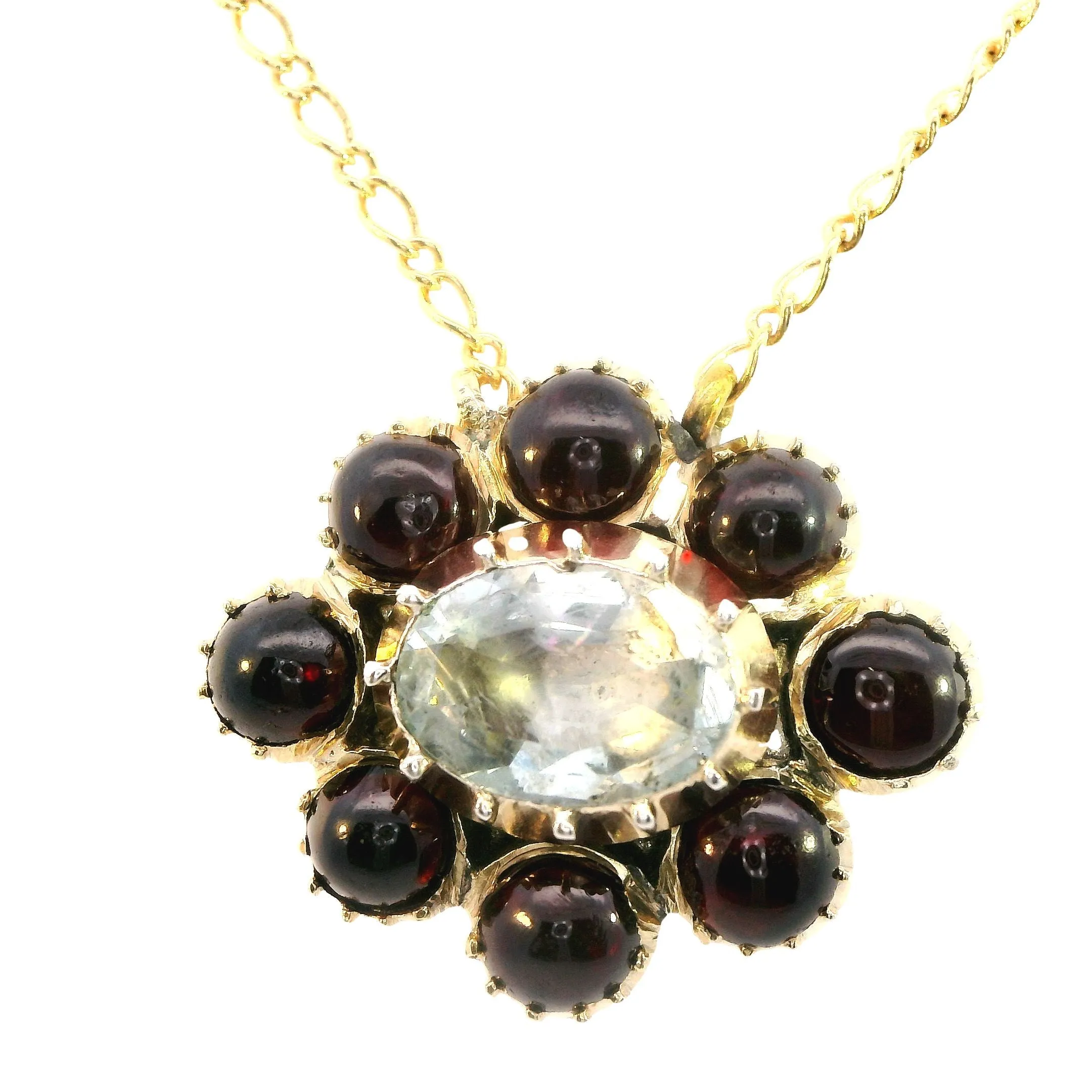 Enchanting 9ct Yellow Gold Aquamarine & Garnet Pendant with Chain