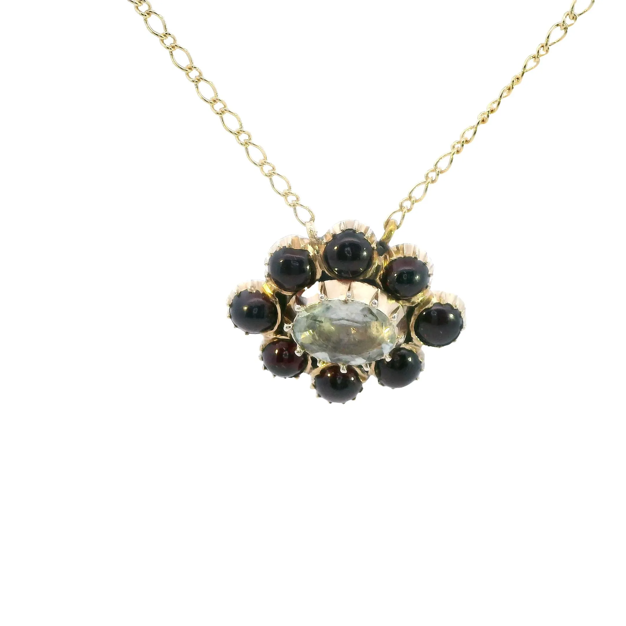 Enchanting 9ct Yellow Gold Aquamarine & Garnet Pendant with Chain