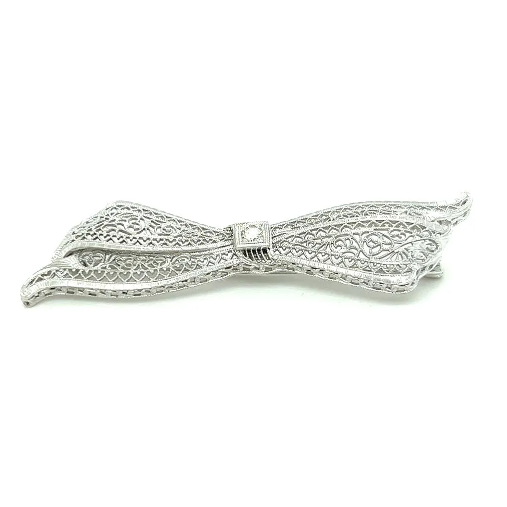 Estate 14K White Gold 0.07ctw Round Diamond Filigree Bow Brooch