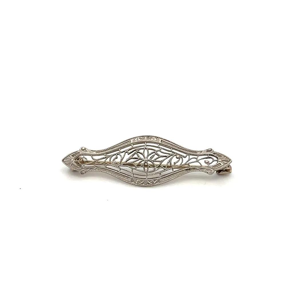 Estate 14K White Gold Krementz Art Deco Filigree Brooch