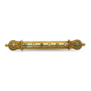 Estate 14k Yellow Gold Antique Turquoise and Pearl Brooch