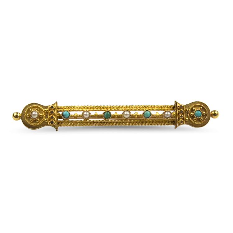 Estate 14k Yellow Gold Antique Turquoise and Pearl Brooch