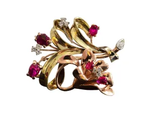 Estate 14KT Yellow And Rose Gold Ruby And Diamond Pin